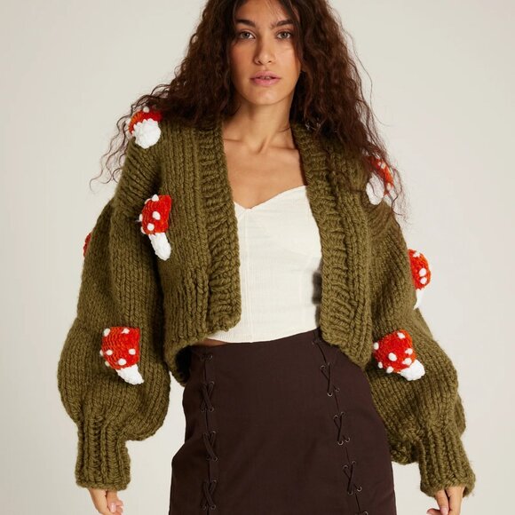 Society Mano Sweaters - Society Mano Mushroom Green Cropped Chunky Cardigan Sweater Women S/ MSRP$249